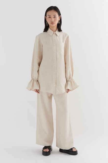 Natural Linen Floaty Smocked Cuff Shirt