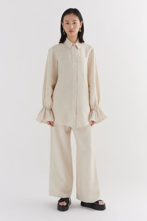 Natural Linen Floaty Smocked Cuff Shirt