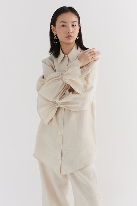 Natural Linen Floaty Smocked Cuff Shirt