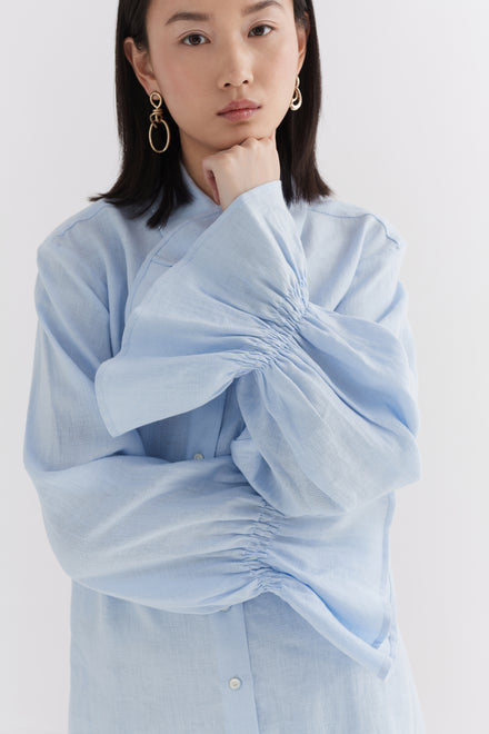 Blue Linen Floaty Smocked Cuff Shirt