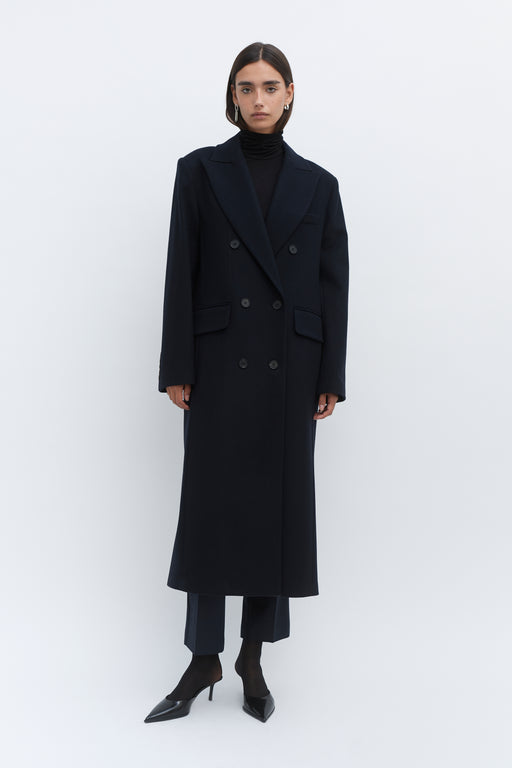 Navy Double Breasted Tailored Wool Coat