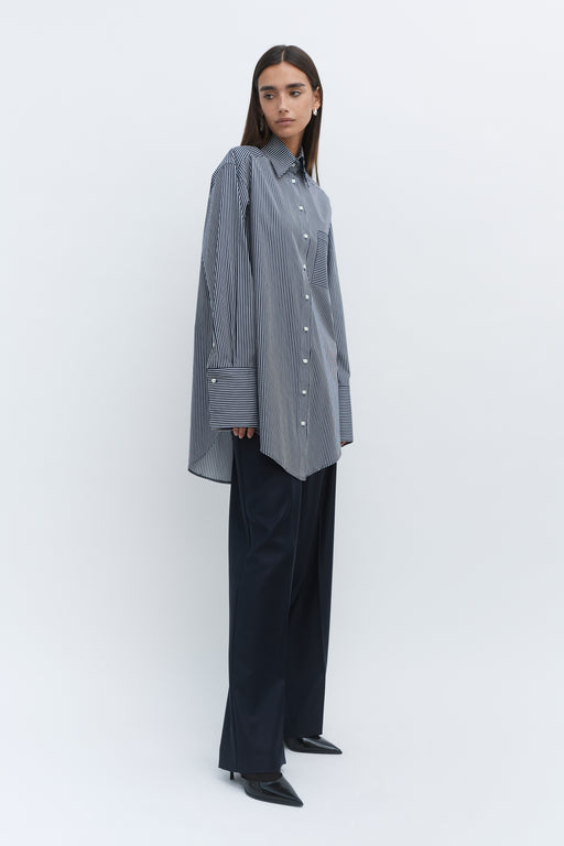 Navy Stripe Oversized Tailored Poplin Shirt