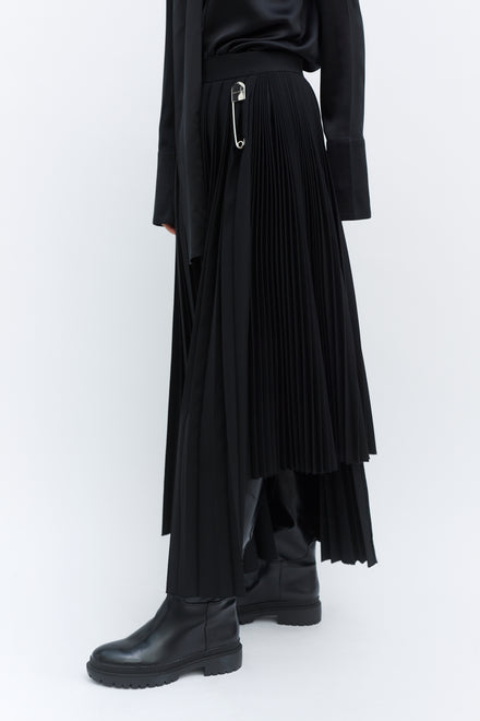 Black Wool Contrast Pleated Skirt