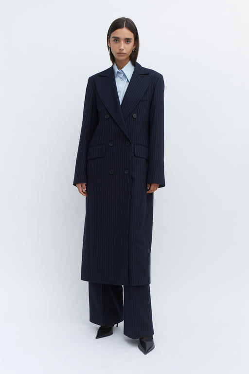 Pinstripe Double Breasted Tailored Wool Coat
