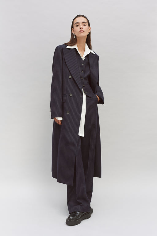 Pinstripe Double Breasted Tailored Wool Coat