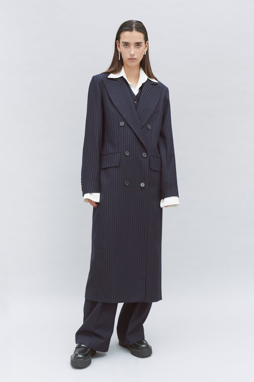 Pinstripe Double Breasted Tailored Wool Coat