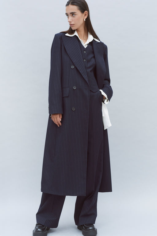 Pinstripe Double Breasted Tailored Wool Coat