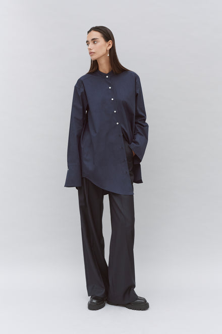 Grandad Navy Oversized Tailored Organic Poplin Shirt