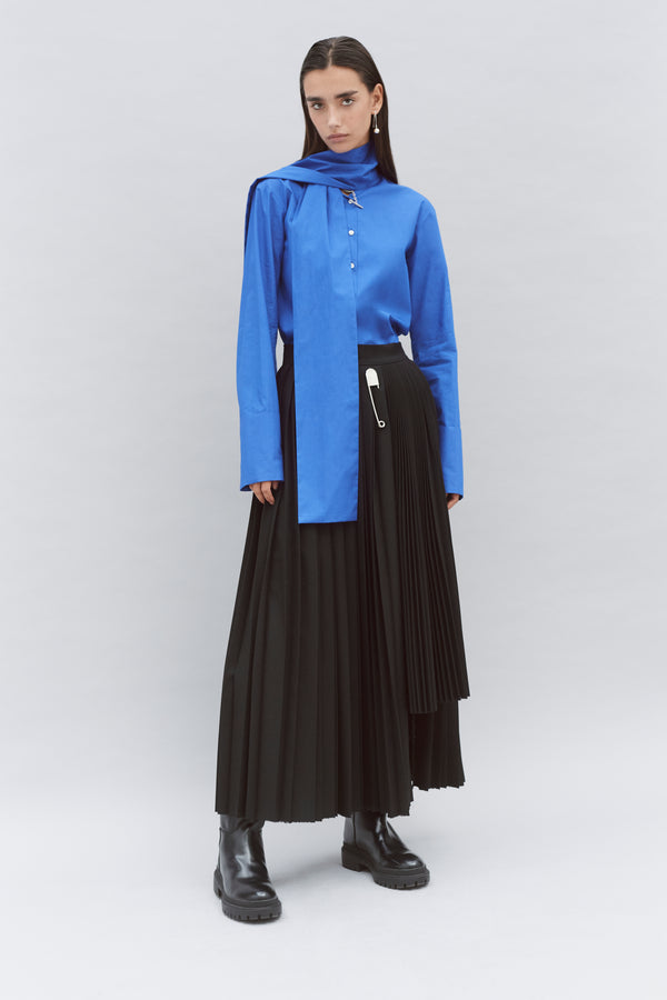 Black Wool Contrast Pleated Skirt