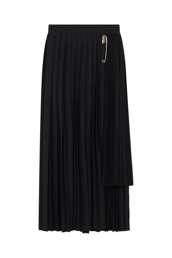 Black Wool Contrast Pleated Skirt