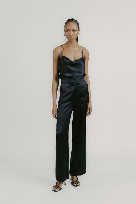 Black Wide Leg Silk Tailored Trouser