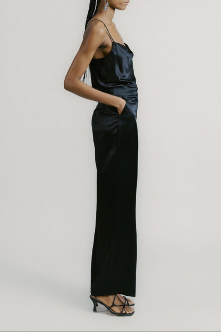 Black Wide Leg Silk Tailored Trouser