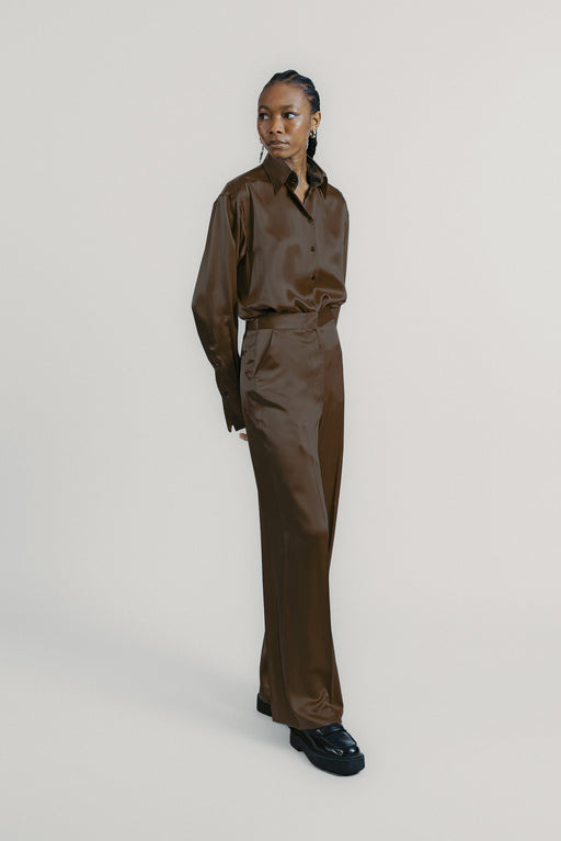 Chocolate Brown Wide Leg Silk Tailored Trouser