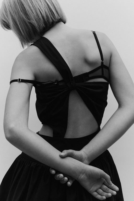 One Shoulder Cut Out Black Poplin Dress