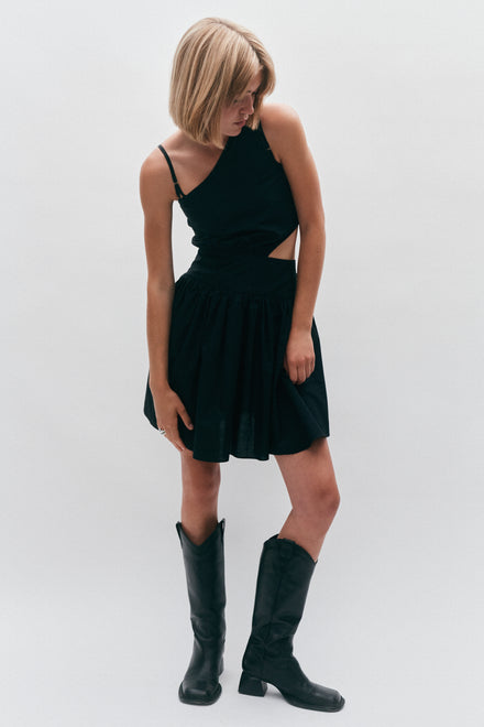 One Shoulder Cut Out Black Poplin Dress