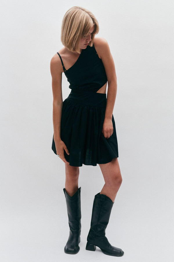 One Shoulder Cut Out Black Poplin Dress