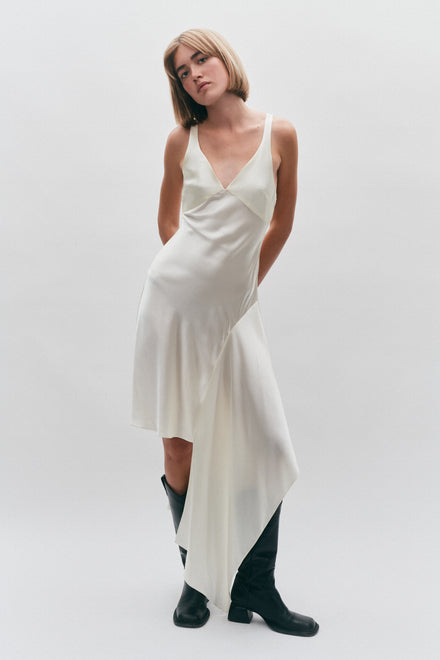 Asymmetrical Butter Yellow Silk Strap Floaty Dress