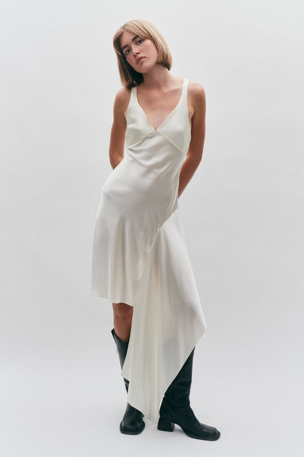 Asymmetrical Butter Yellow Silk Strap Floaty Dress