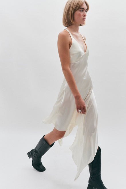 Asymmetrical Butter Yellow Silk Strap Floaty Dress