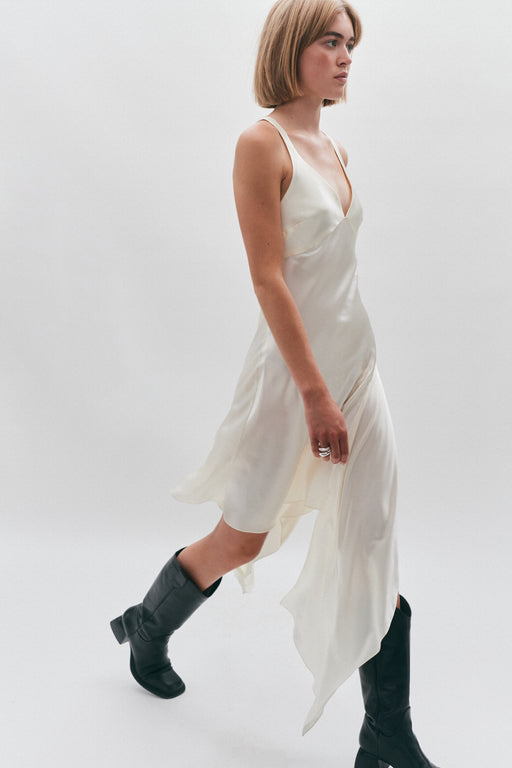 Asymmetrical Butter Yellow Silk Strap Floaty Dress