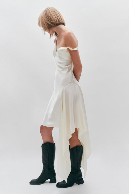 Asymmetrical Butter Yellow Silk Strap Floaty Dress