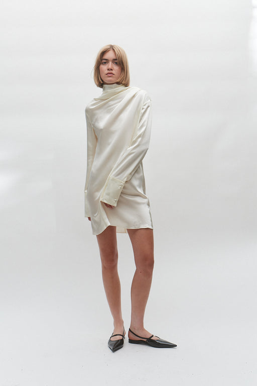 Butter Yellow Silk Gathered Neck Dress