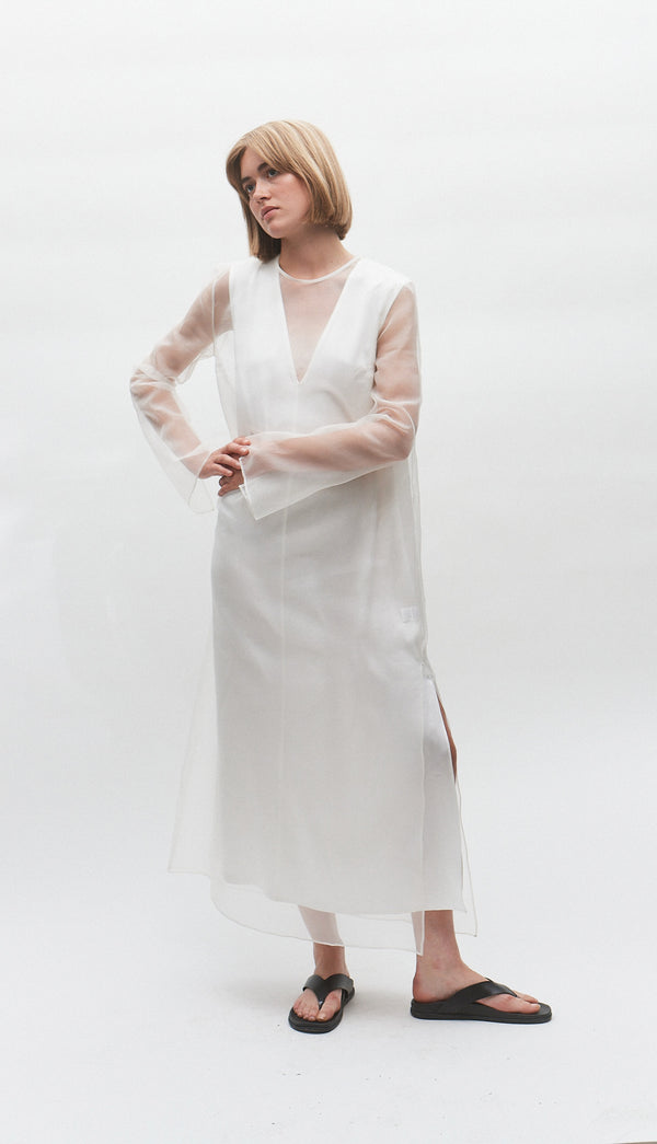 Long Sleeve Ivory Organza Silk Dress
