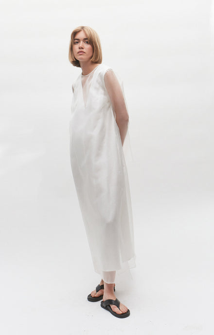 Long Sleeve Ivory Organza Silk Dress