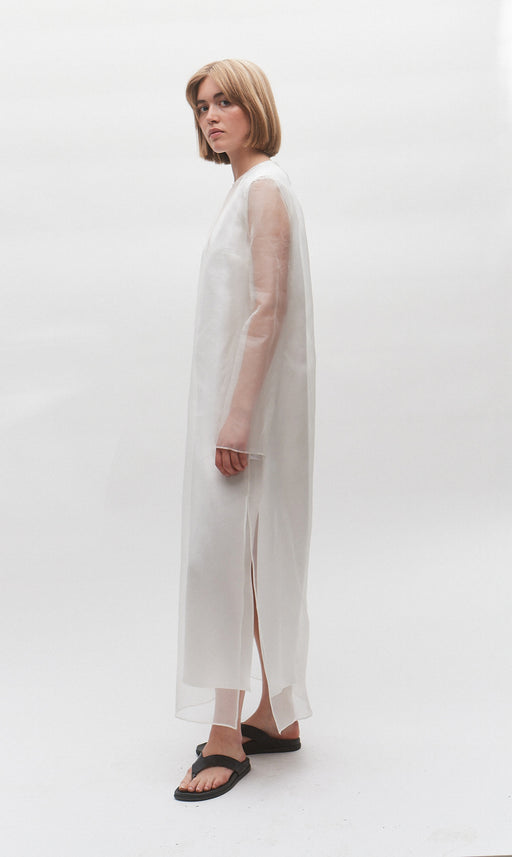 Long Sleeve Ivory Organza Silk Dress