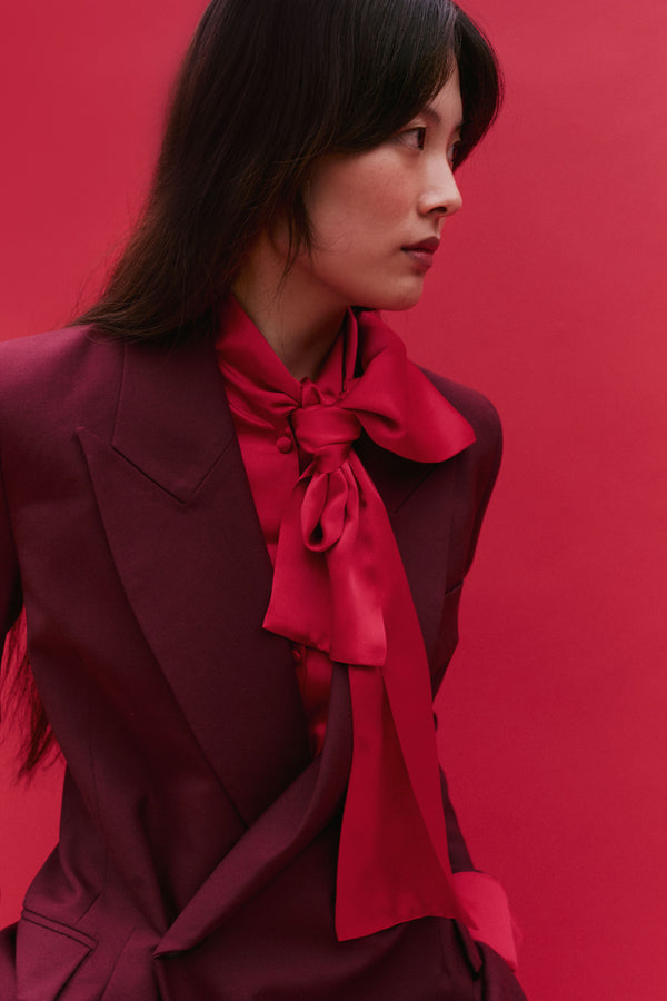 Red Silk Tie Neck Shirt