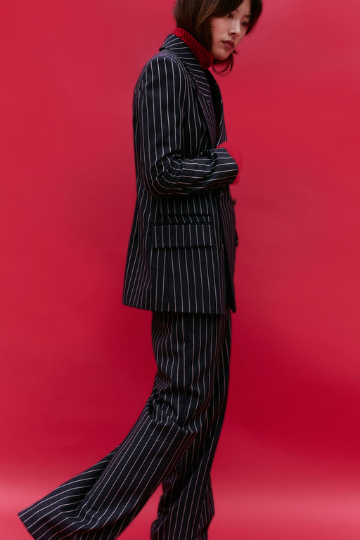 Navy Wool Bold Pinstripe Double Breasted Jacket