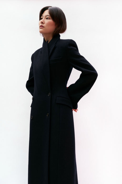 Navy Wool Double Breasted Sculpted Coat