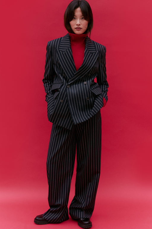 Navy Wool Bold Pinstripe Wide Leg Trouser