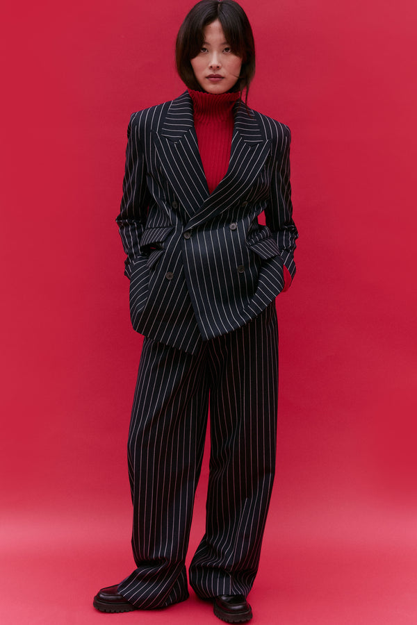 Navy Wool Bold Pinstripe Wide Leg Trouser