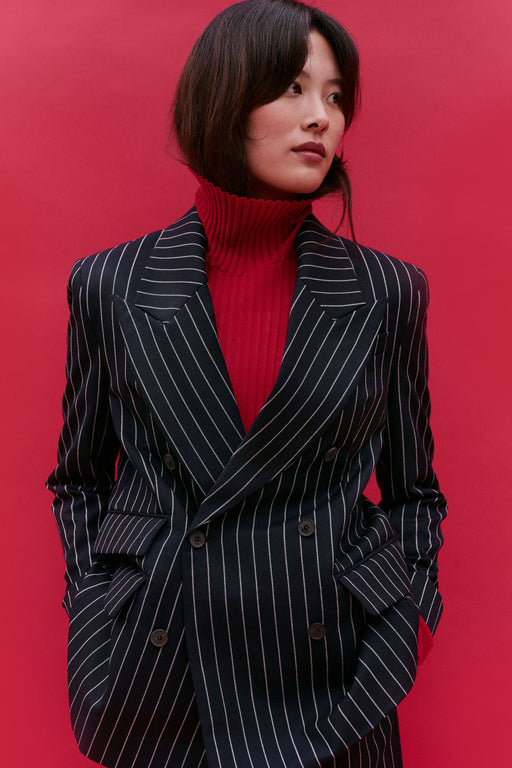Navy Wool Bold Pinstripe Double Breasted Jacket