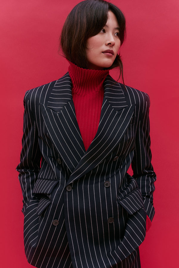 Navy Wool Bold Pinstripe Double Breasted Jacket