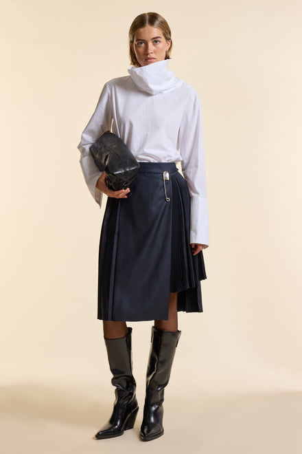 Navy Wool Midi Multi Pleat Wrap Skirt