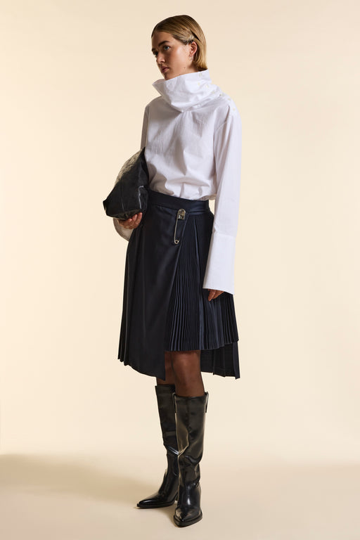 Navy Wool Midi Multi Pleat Wrap Skirt