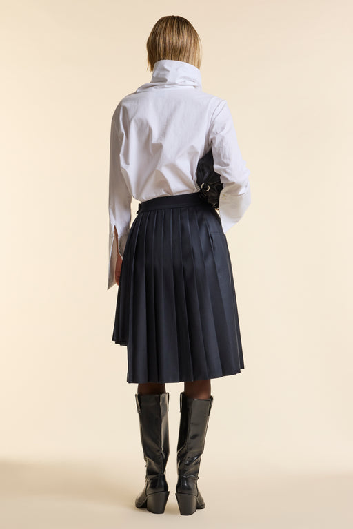 Navy Wool Midi Multi Pleat Wrap Skirt