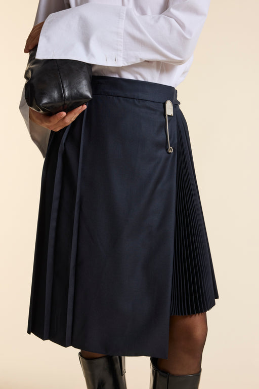 Navy Wool Midi Multi Pleat Wrap Skirt