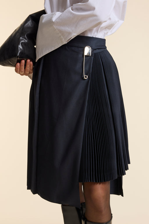 Navy Wool Midi Multi Pleat Wrap Skirt