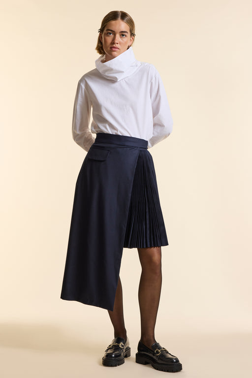 Navy Wool Asymmetrical Pleated Wrap Skirt