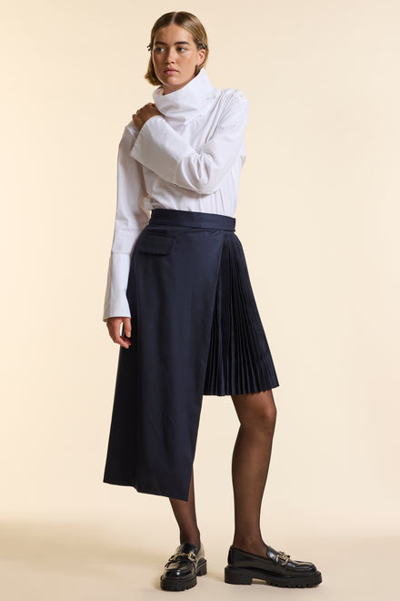Navy Wool Asymmetrical Pleated Wrap Skirt