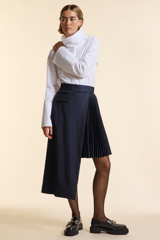 Navy Wool Asymmetrical Pleated Wrap Skirt