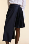 Navy Wool Asymmetrical Pleated Wrap Skirt