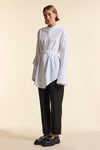 White Organic Poplin Collarless Tie Waist Shirt
