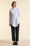White Organic Poplin Collarless Tie Waist Shirt
