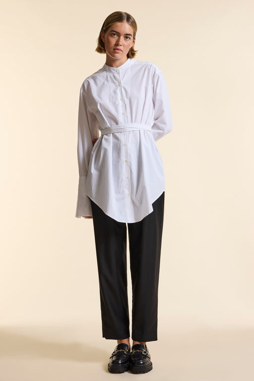 White Organic Poplin Collarless Tie Waist Shirt