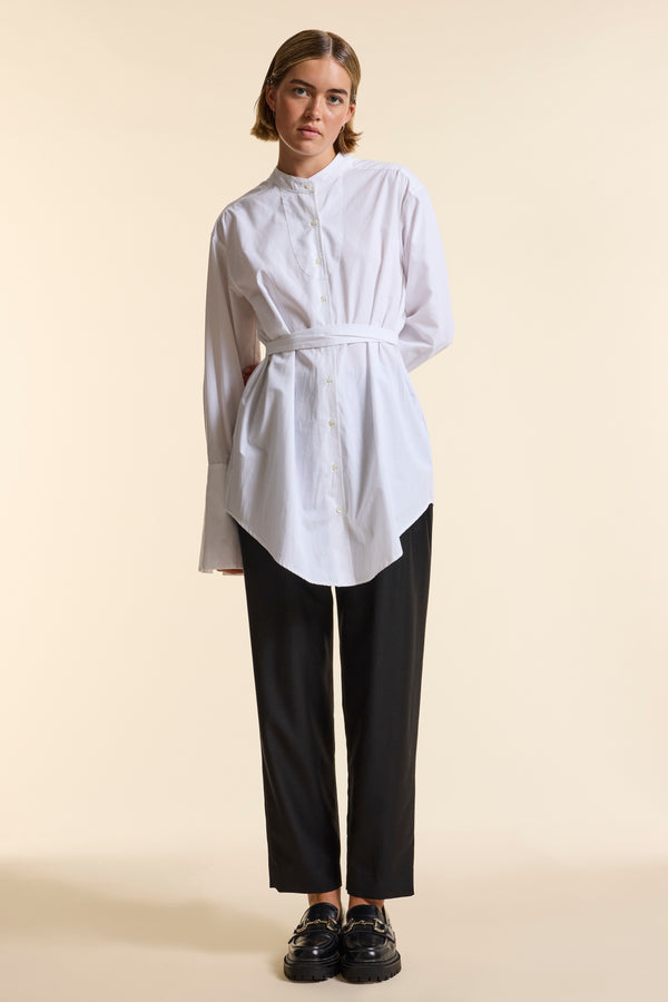 White Organic Poplin Collarless Tie Waist Shirt