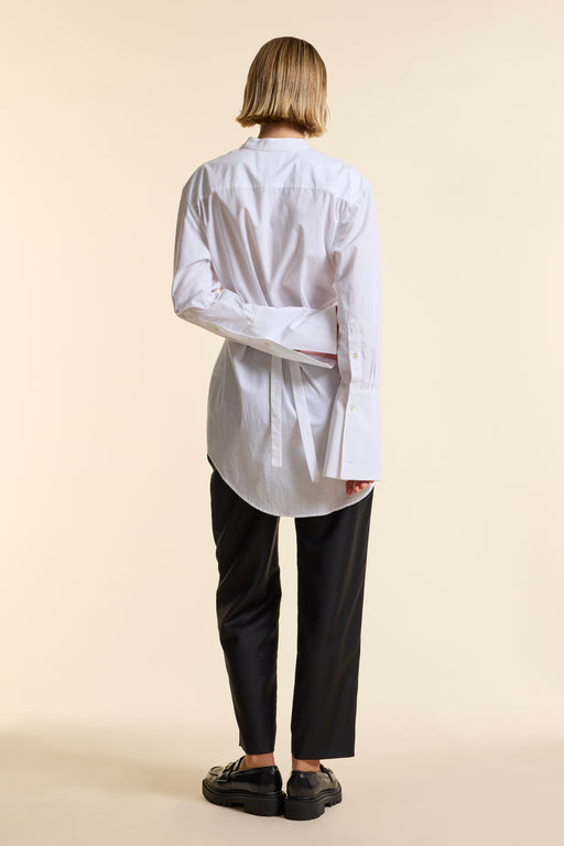 White Organic Poplin Collarless Tie Waist Shirt